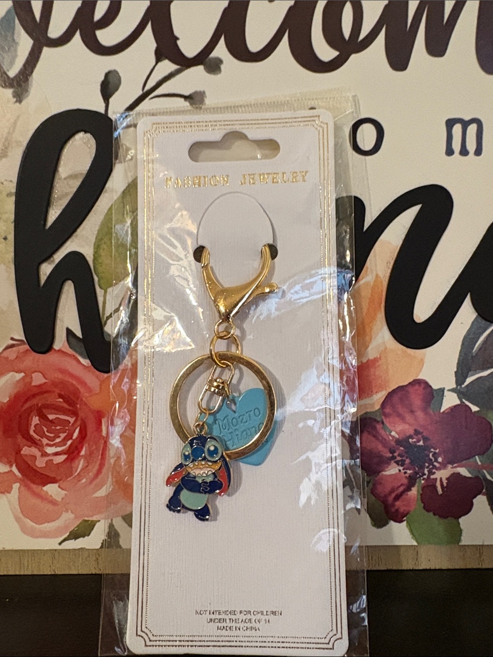 Kids Blue Cartoon Stitch Keychain - Gold Hardware